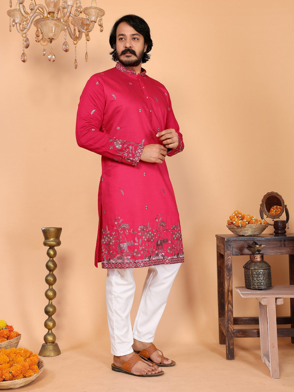 Jyoti Fashion Men's Pink Sequins Embroidered Kurta with Pajama | Grocsy