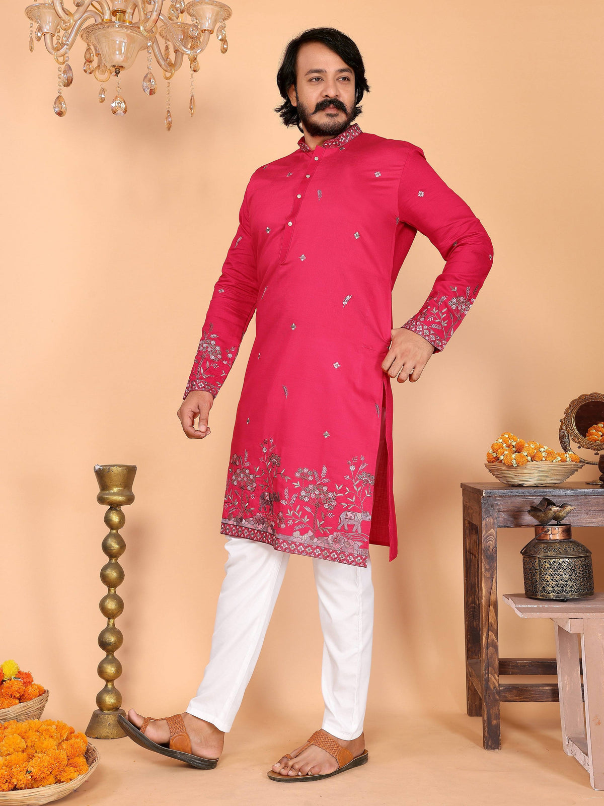 Jyoti Fashion Men's Pink Sequins Embroidered Kurta with Pajama | Grocsy