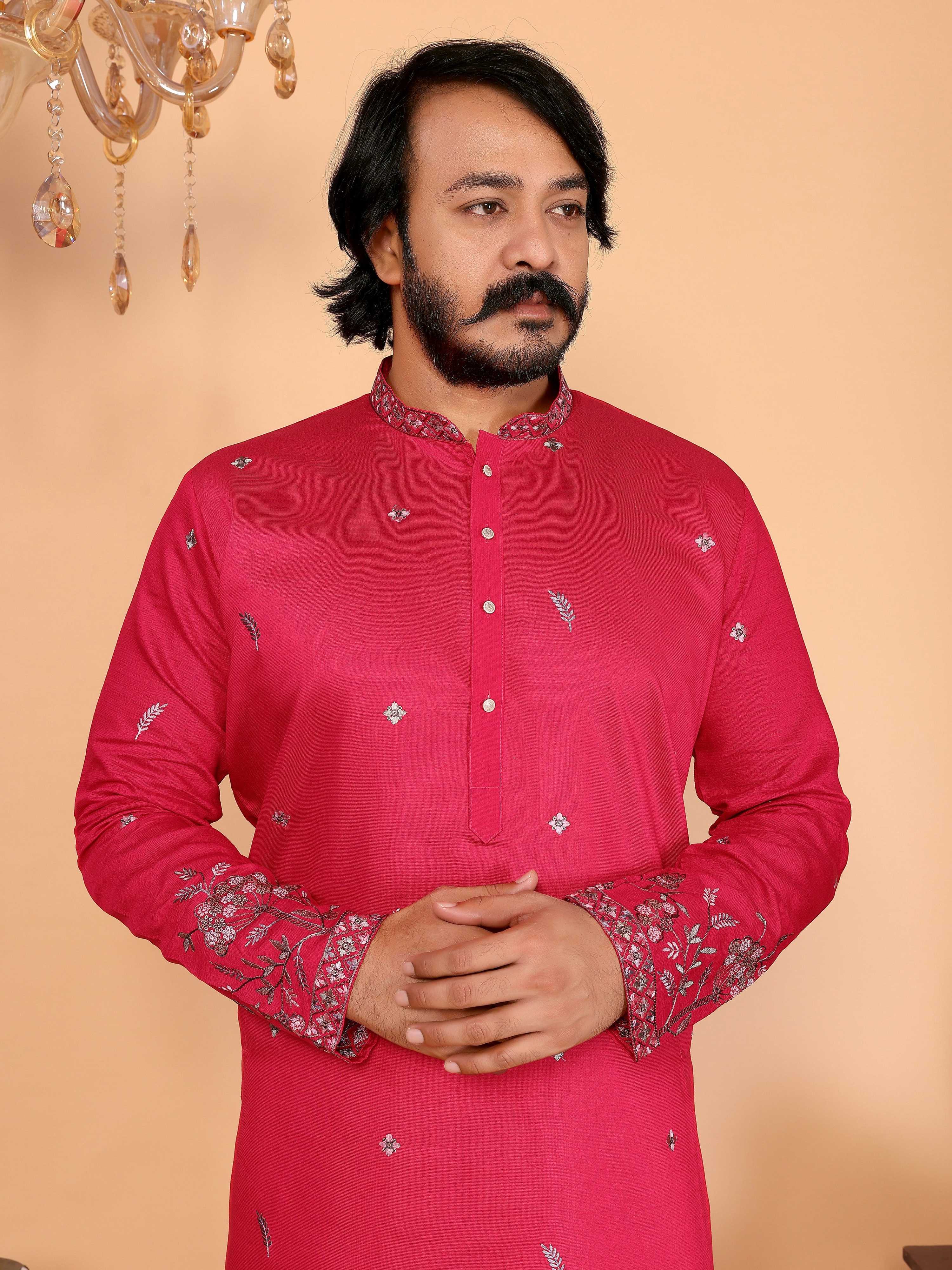 Jyoti Fashion Men's Pink Sequins Embroidered Kurta with Pajama | Grocsy