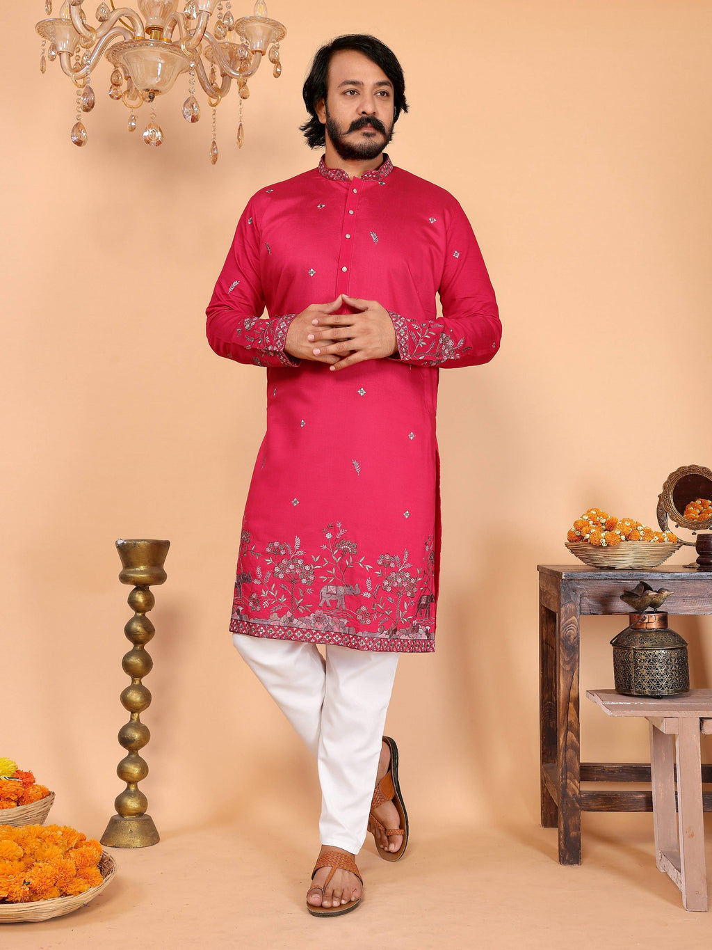 Jyoti Fashion Men's Pink Sequins Embroidered Kurta with Pajama | Grocsy