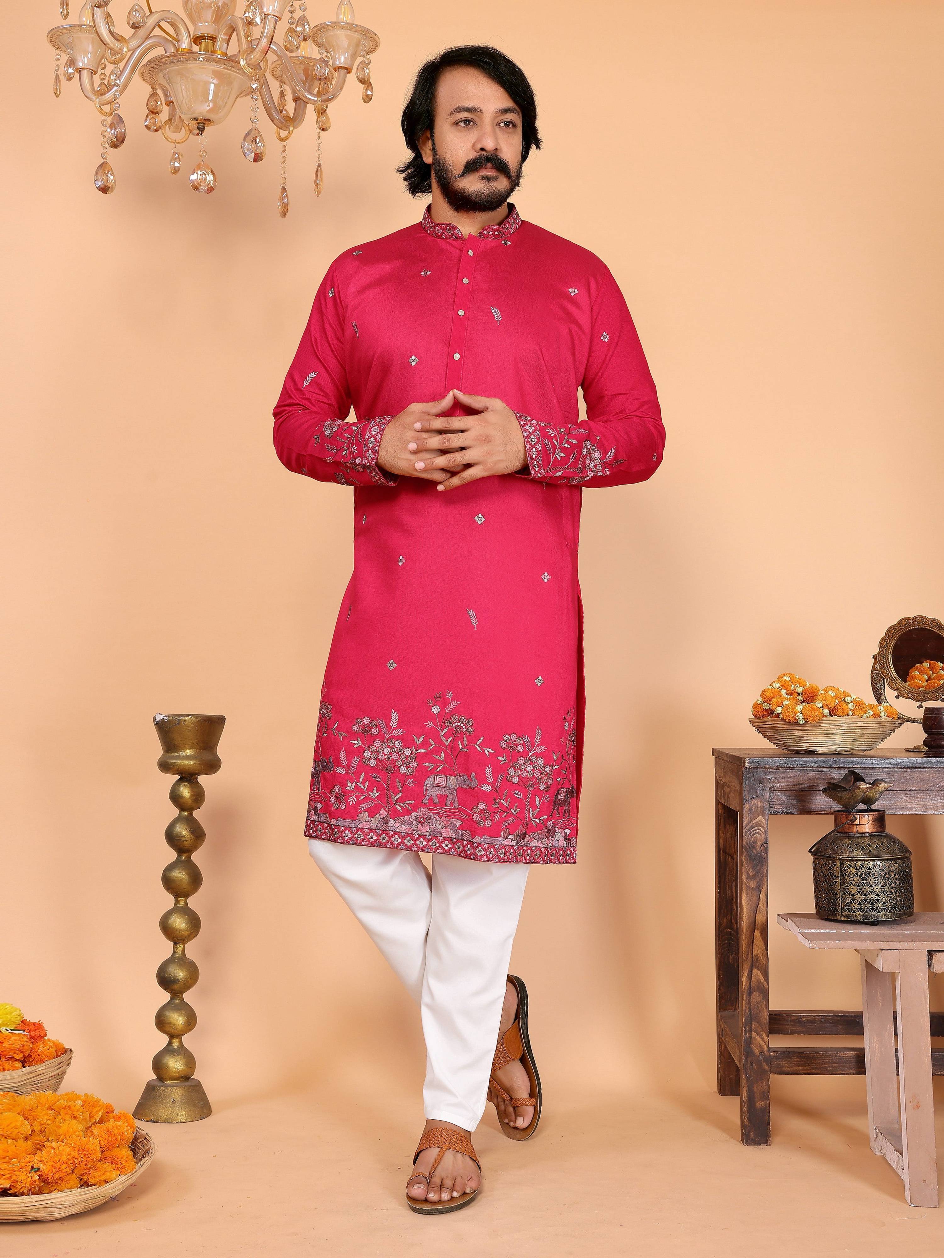 Jyoti Fashion Men's Pink Sequins Embroidered Kurta with Pajama | Grocsy