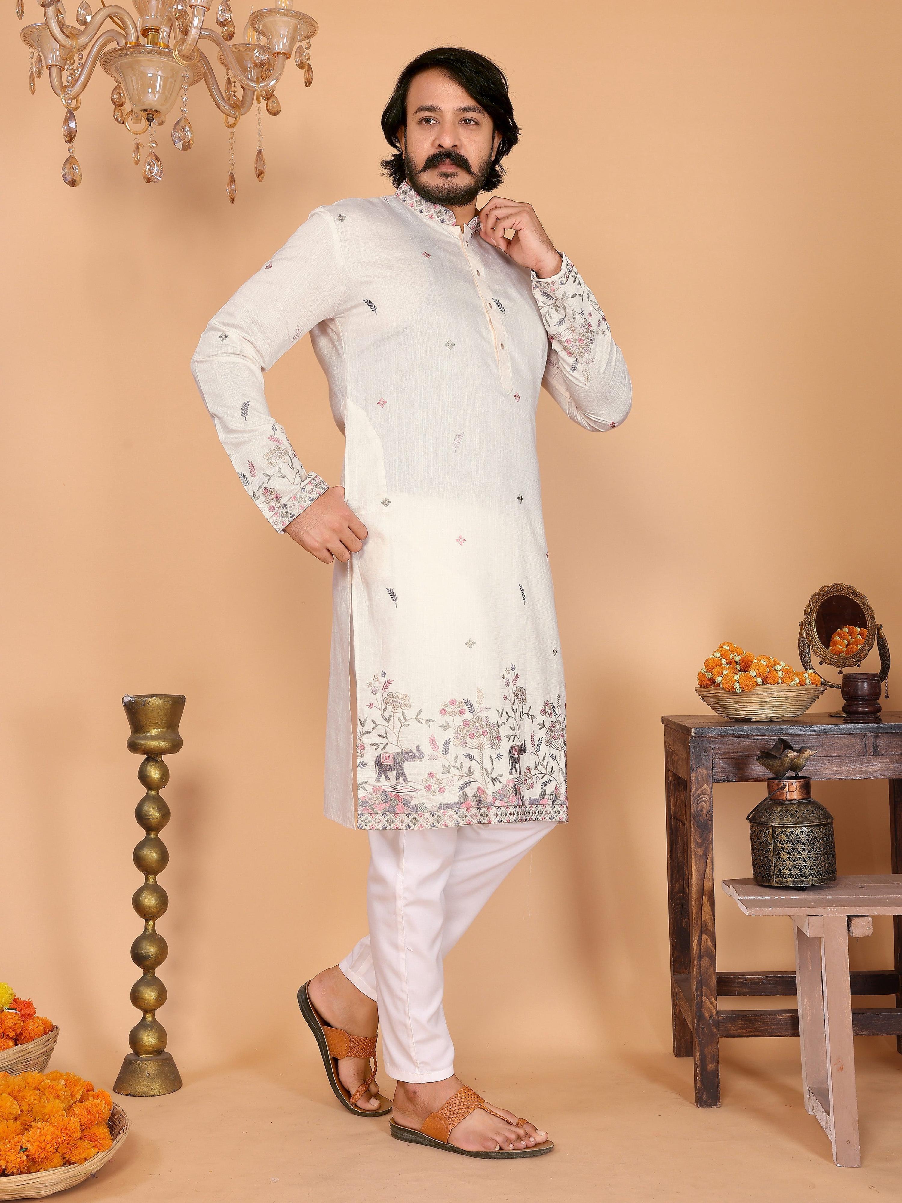 Jyoti Fashion Men's White Sequins Embroidered Kurta with Pajama | Grocsy