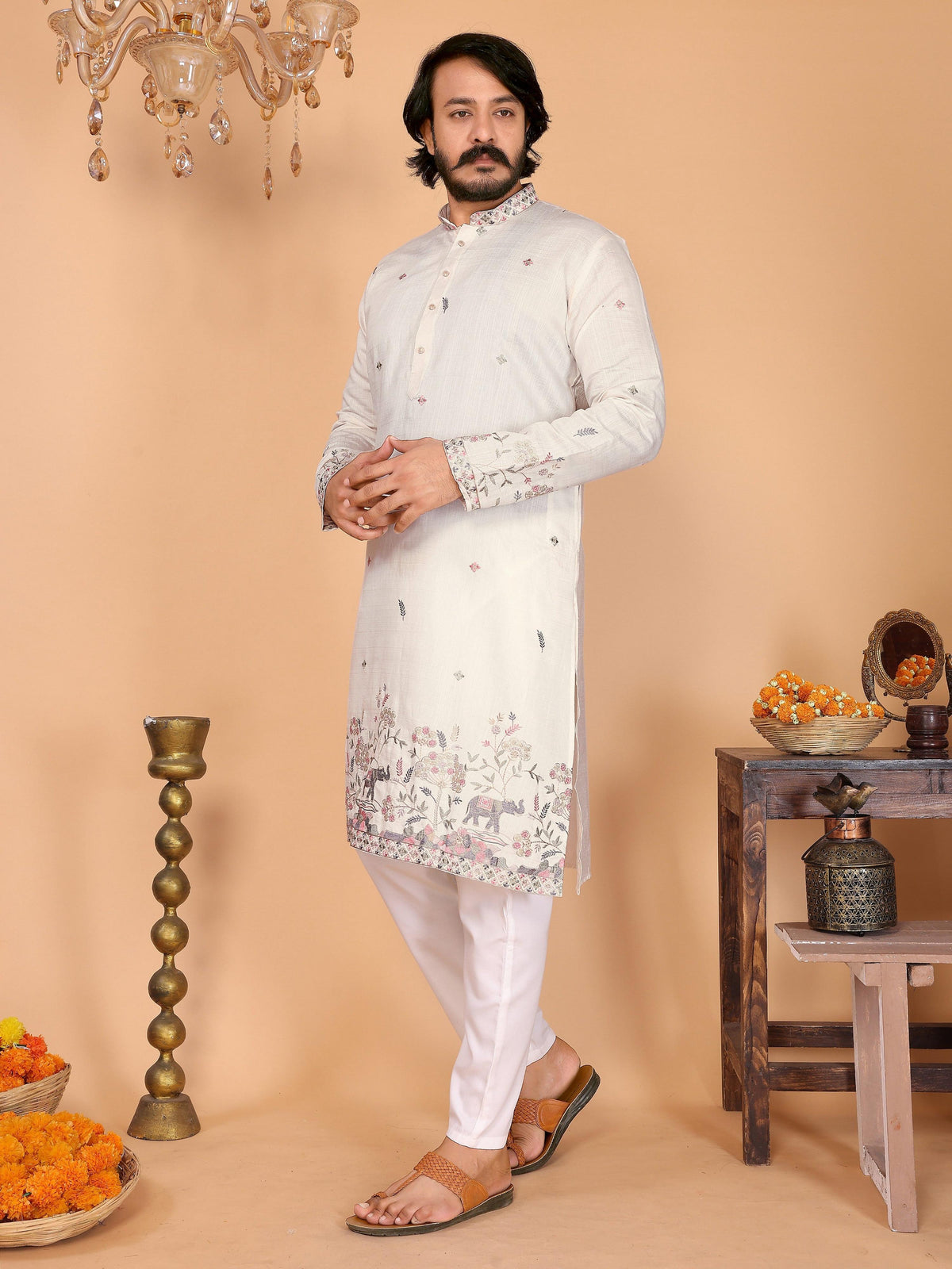 Jyoti Fashion Men's White Sequins Embroidered Kurta with Pajama | Grocsy