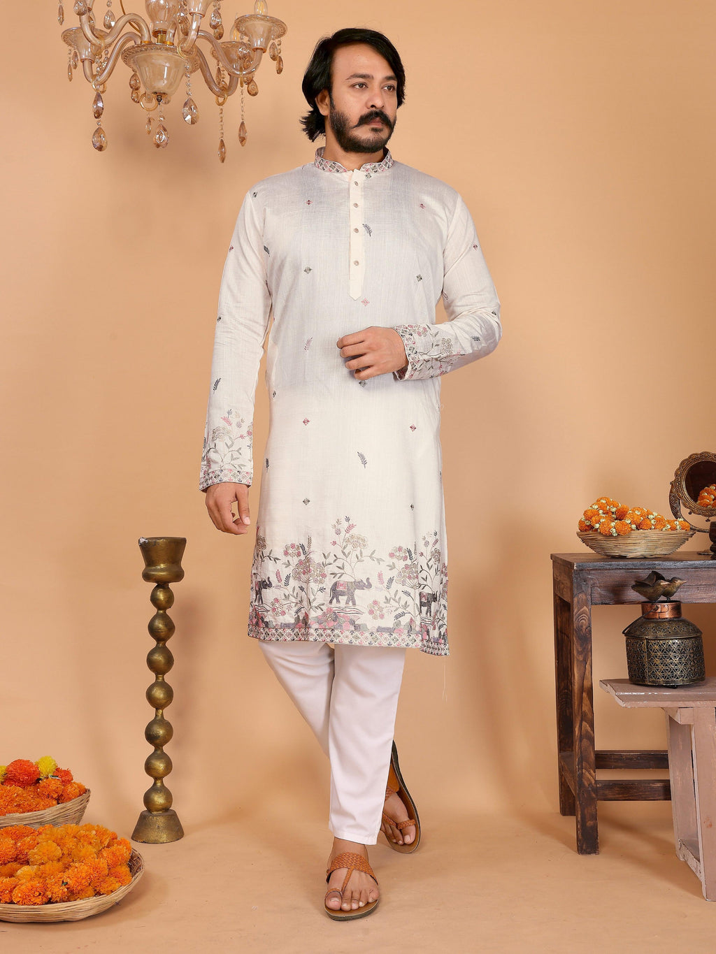 Jyoti Fashion Men's White Sequins Embroidered Kurta with Pajama | Grocsy
