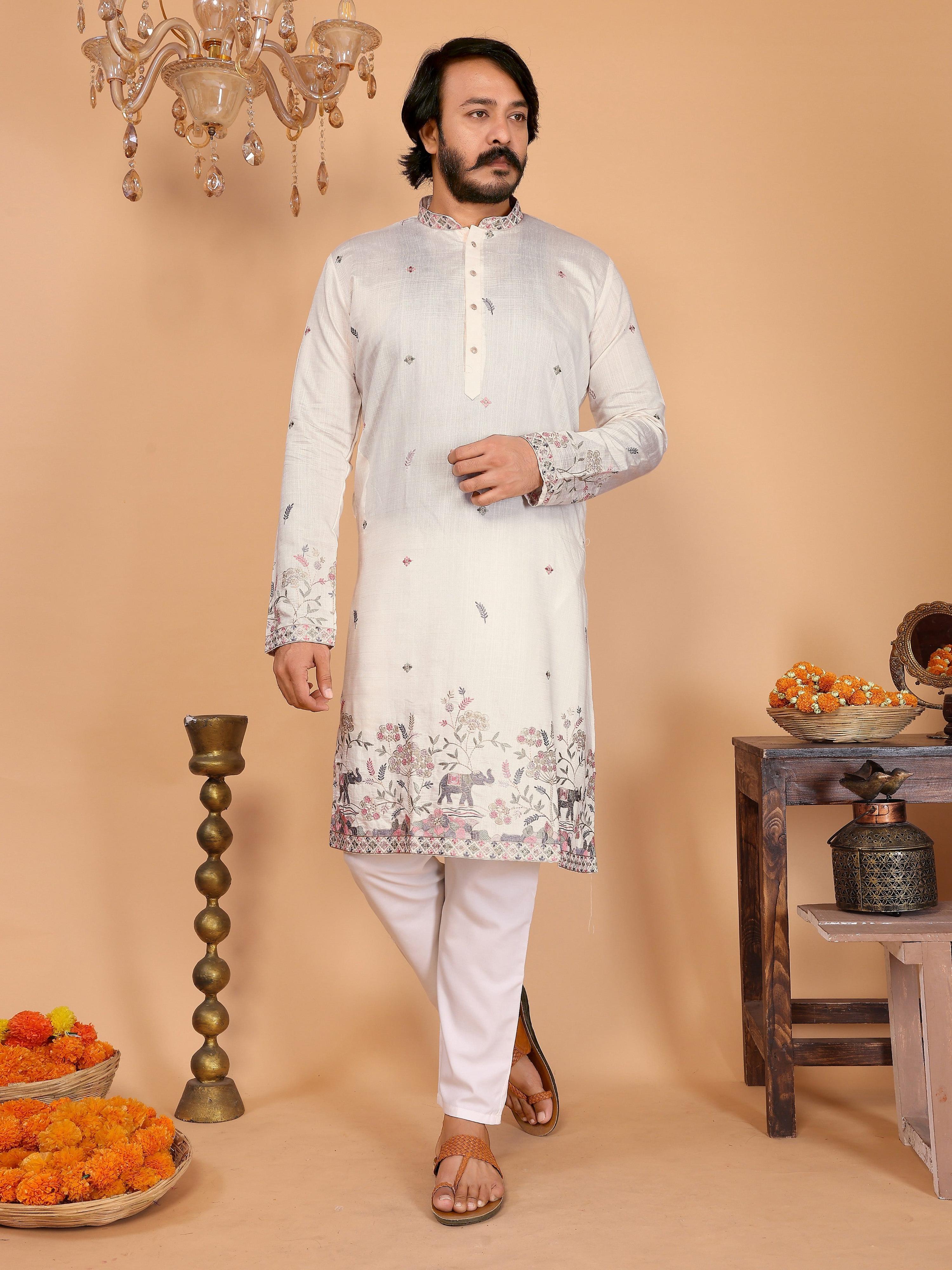 Jyoti Fashion Men's White Sequins Embroidered Kurta with Pajama | Grocsy