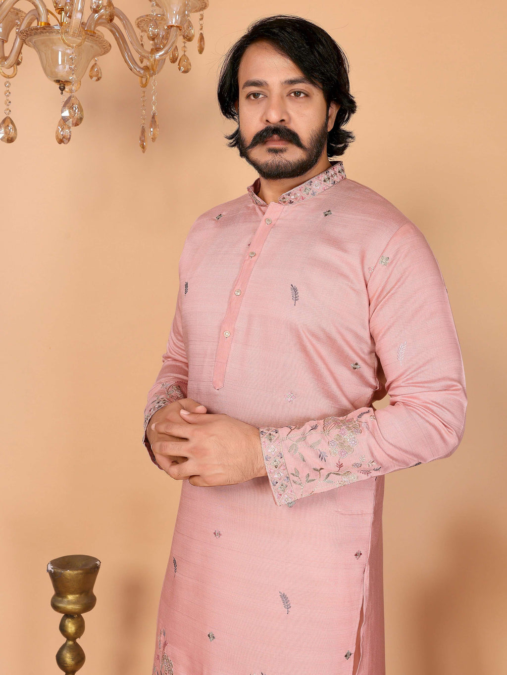 Jyoti Fashion Men's Peach Sequins Embroidered Kurta with Pajama | Grocsy