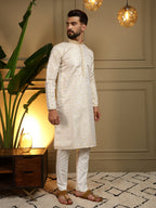 Jyoti Fashion Men's Mustard Jacquard Woven Kurta with Pajama | Grocsy