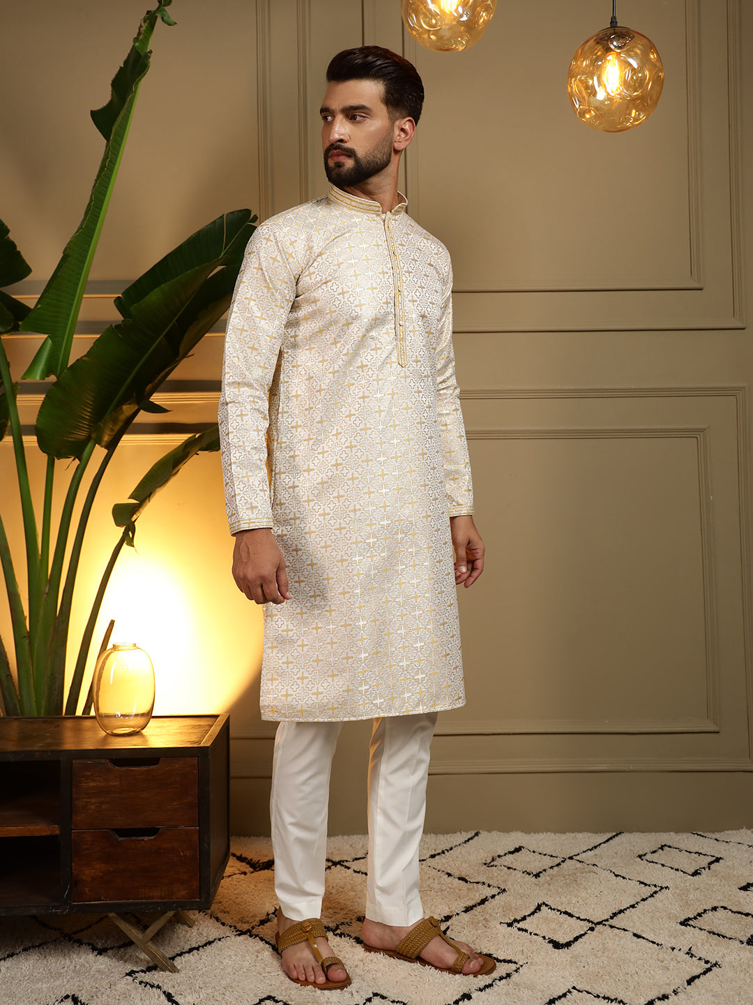 Jyoti Fashion Men's Mustard Jacquard Woven Kurta with Pajama | Grocsy