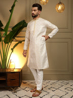 Jyoti Fashion Men's Mustard Jacquard Woven Kurta with Pajama | Grocsy