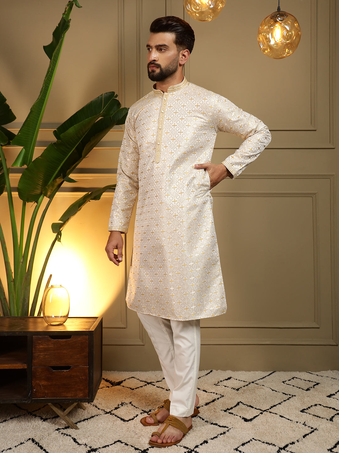 Jyoti Fashion Men's Mustard Jacquard Woven Kurta with Pajama | Grocsy