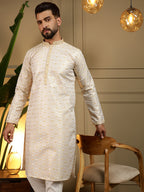 Jyoti Fashion Men's Mustard Jacquard Woven Kurta with Pajama | Grocsy