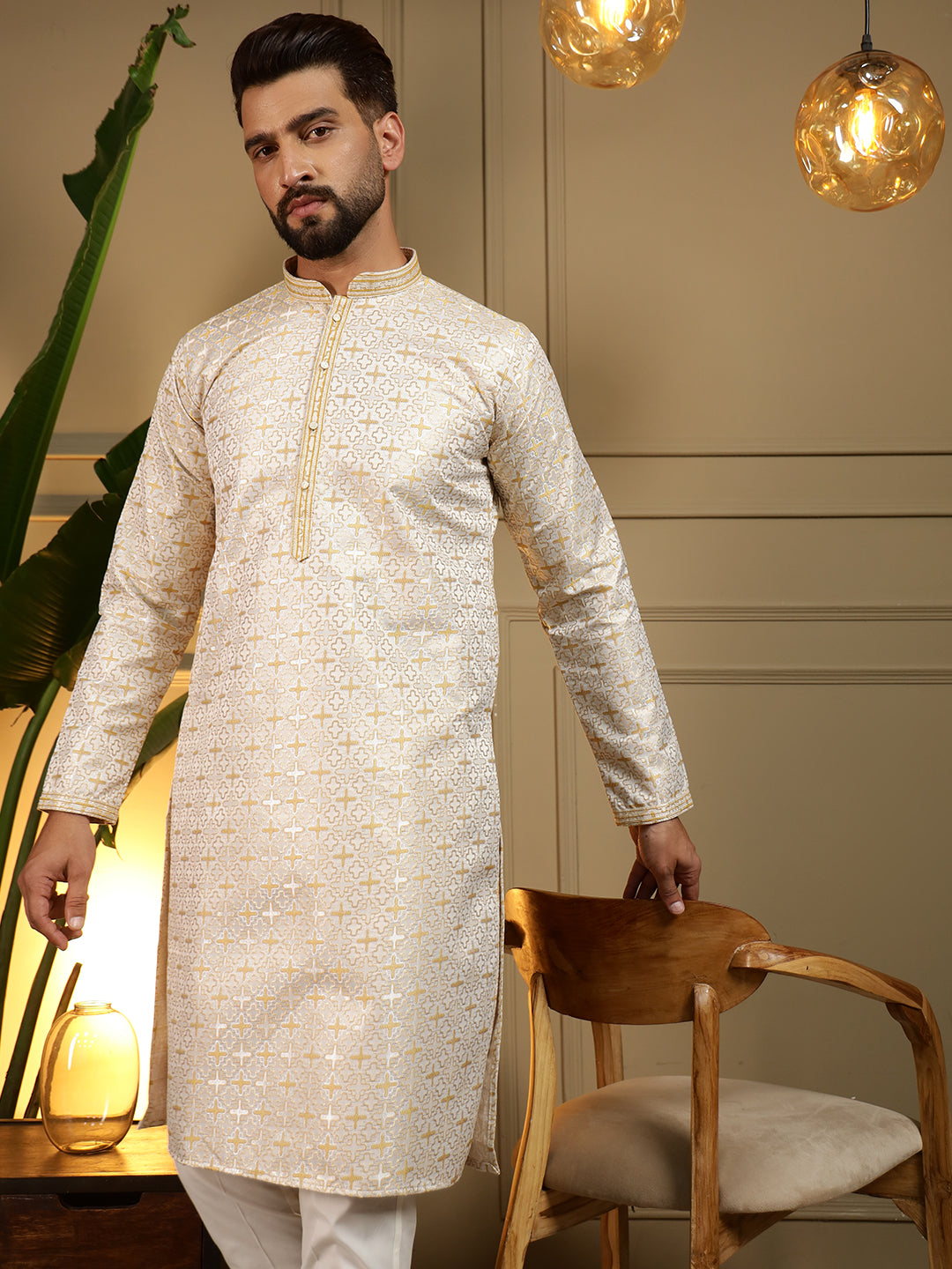 Jyoti Fashion Men's Mustard Jacquard Woven Kurta with Pajama | Grocsy