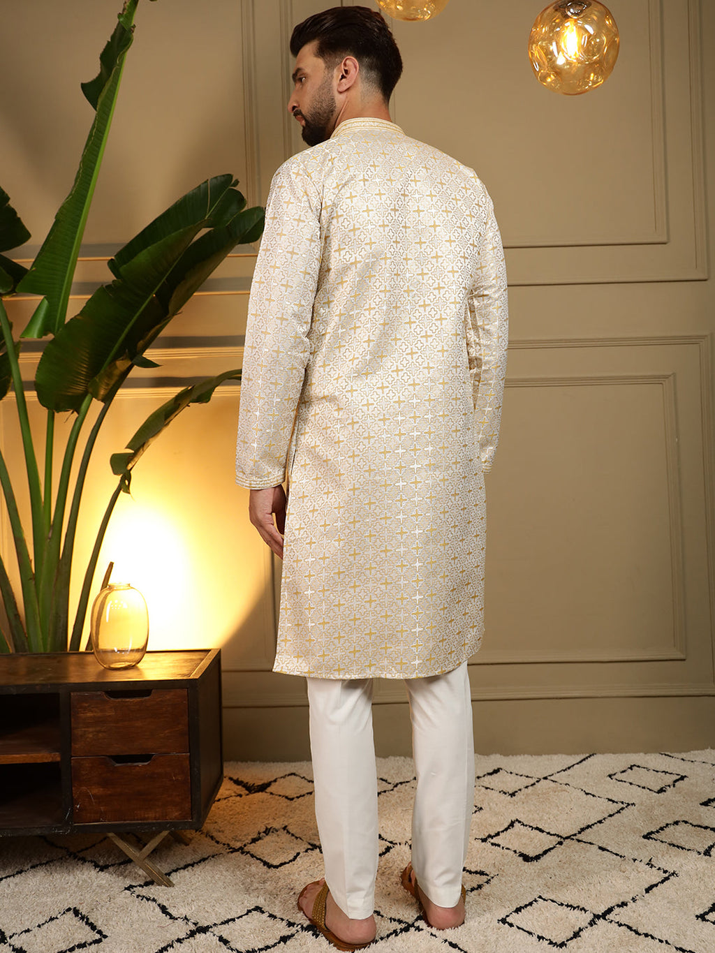 Jyoti Fashion Men's Mustard Jacquard Woven Kurta with Pajama | Grocsy