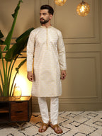 Jyoti Fashion Men's Mustard Jacquard Woven Kurta with Pajama | Grocsy
