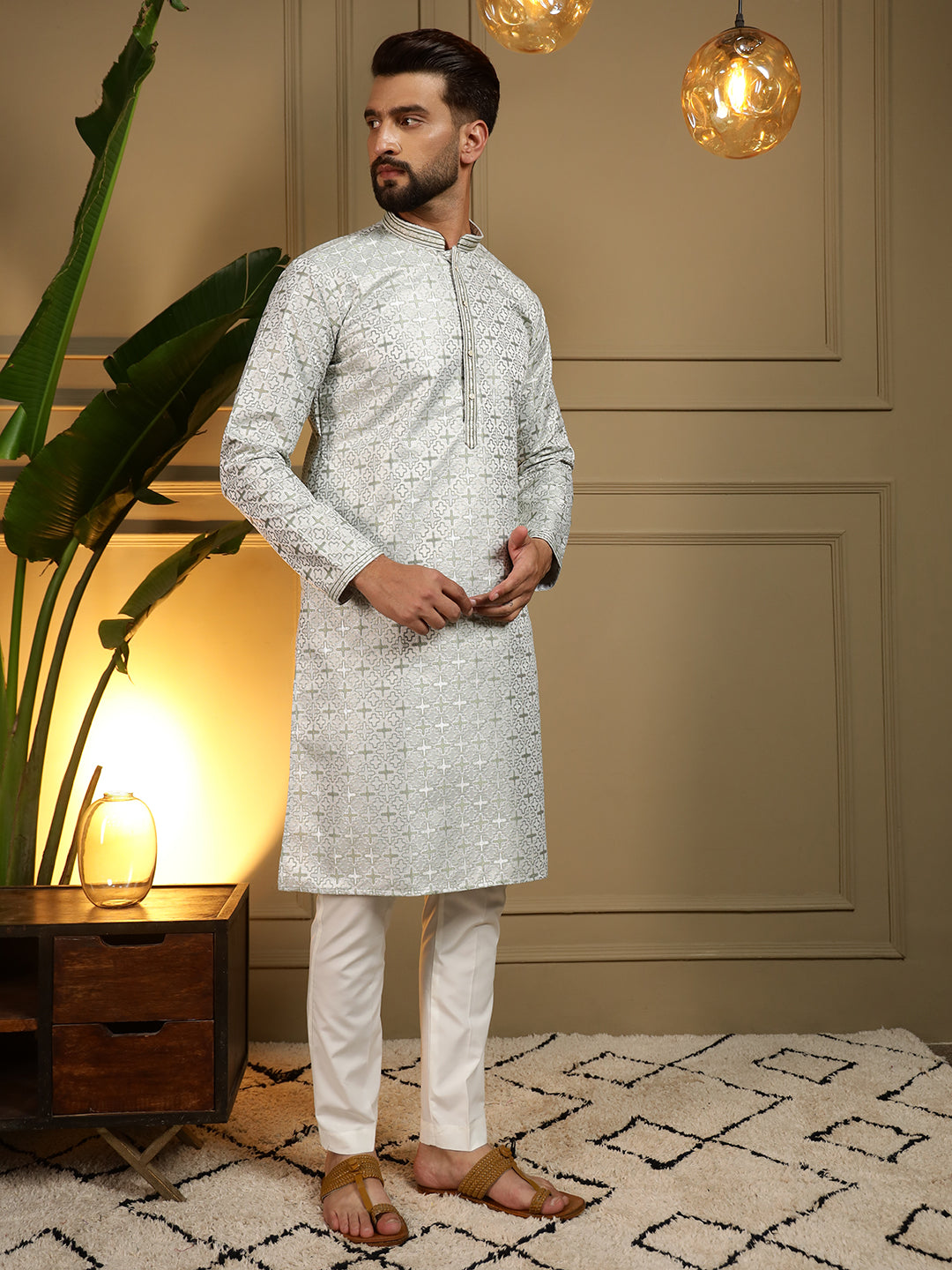 Jyoti Fashion Men's Mehendi Jacquard Woven Kurta with Pajama | Grocsy