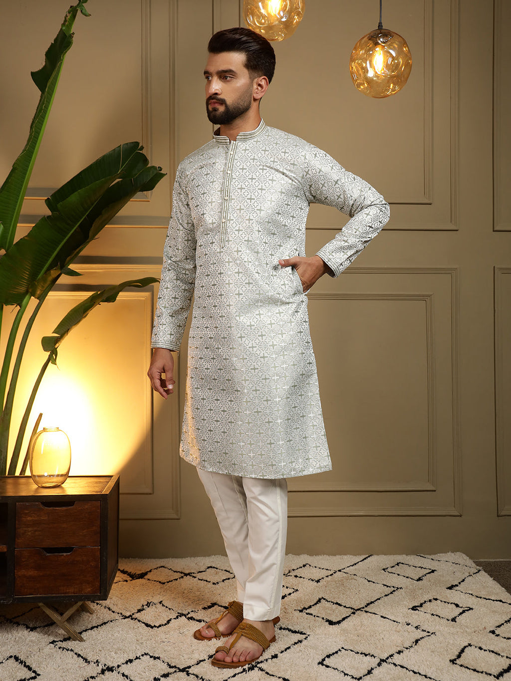 Jyoti Fashion Men's Mehendi Jacquard Woven Kurta with Pajama | Grocsy
