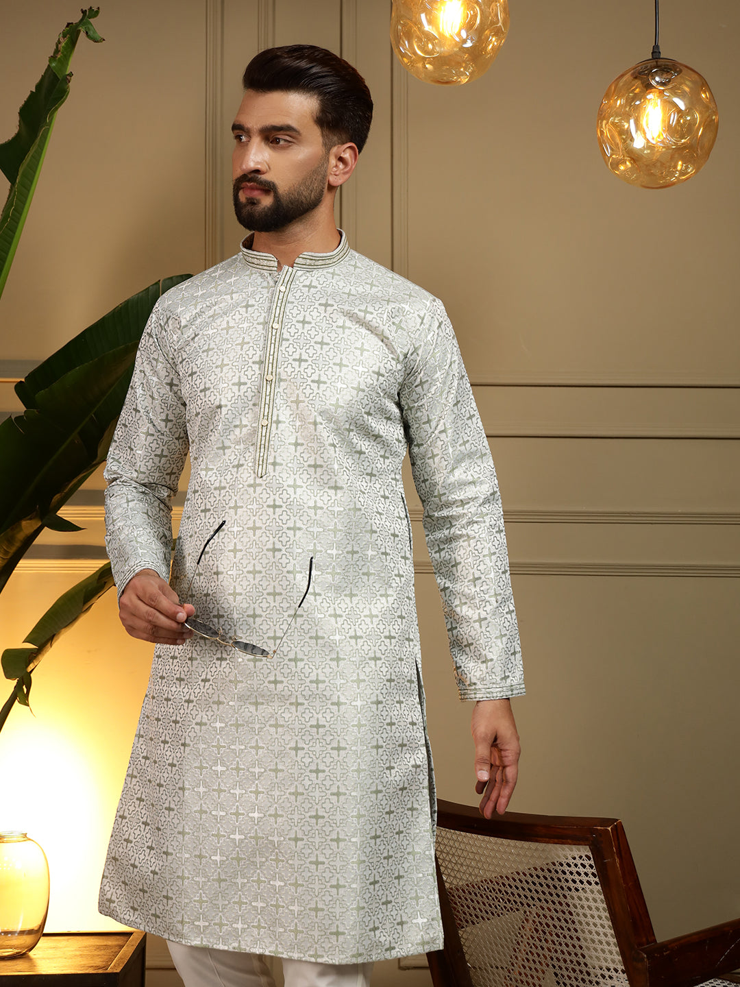 Jyoti Fashion Men's Mehendi Jacquard Woven Kurta with Pajama | Grocsy