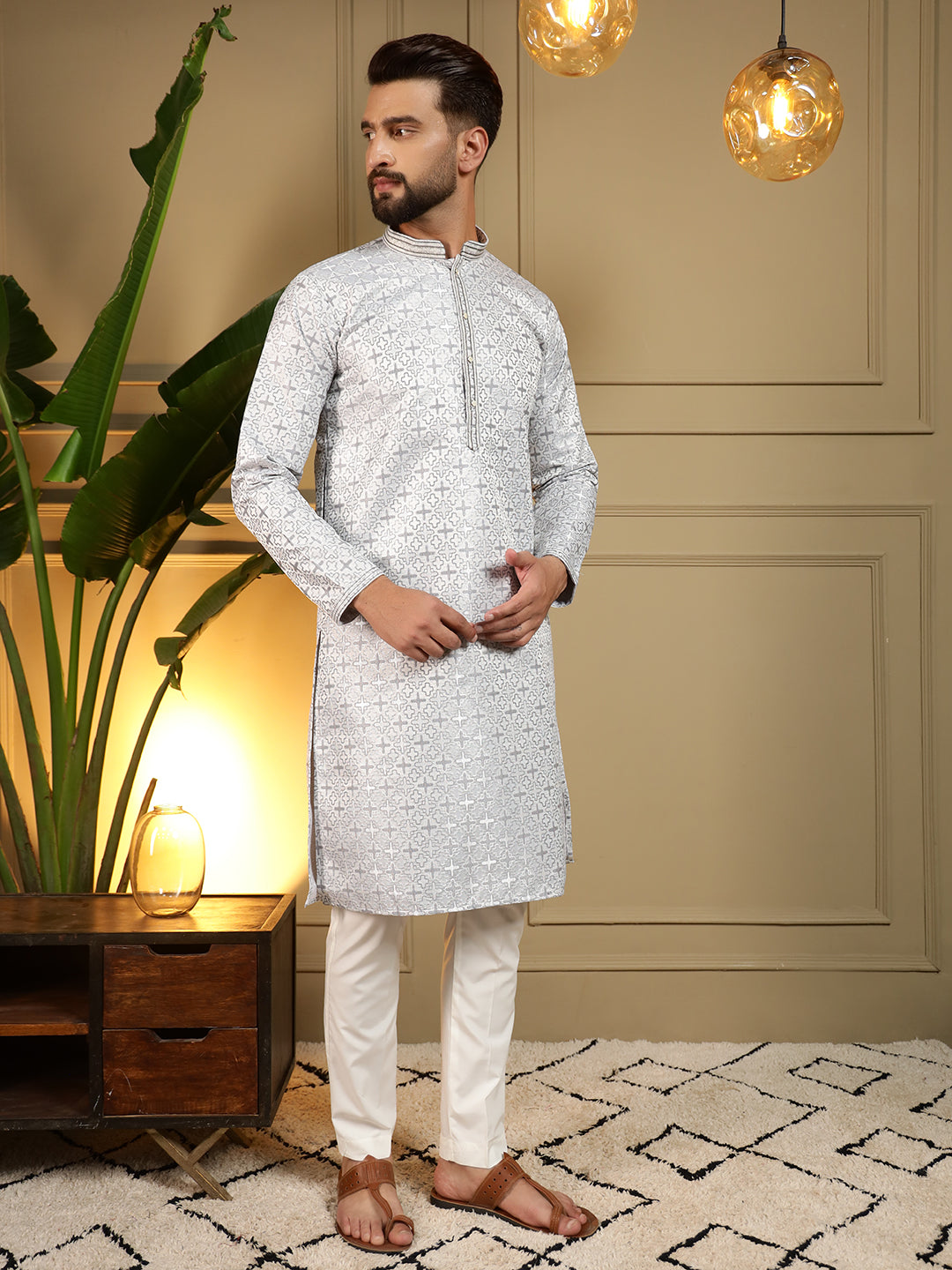 Jyoti Fashion Men's Blue Jacquard Woven Kurta with Pajama | Grocsy