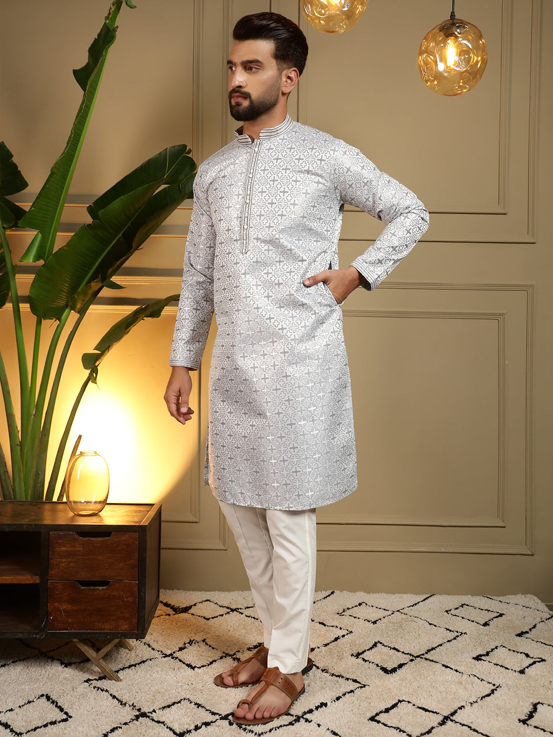 Jyoti Fashion Men's Blue Jacquard Woven Kurta with Pajama | Grocsy