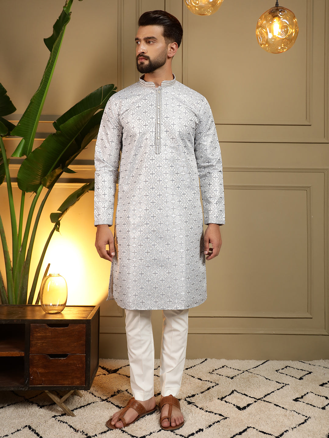 Jyoti Fashion Men's Blue Jacquard Woven Kurta with Pajama | Grocsy