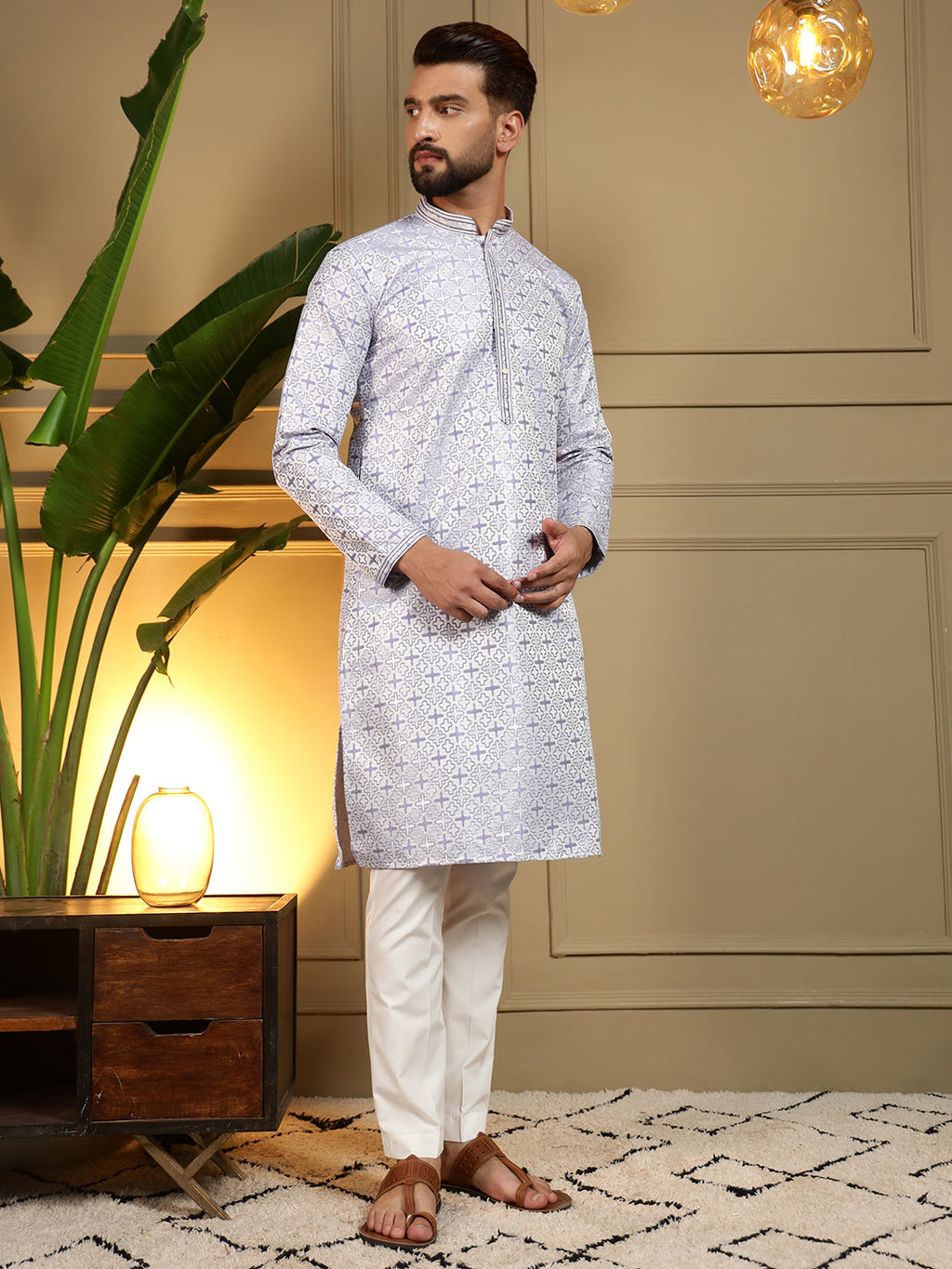Jyoti Fashion Men's Grey Jacquard Woven Kurta with Pajama | Grocsy