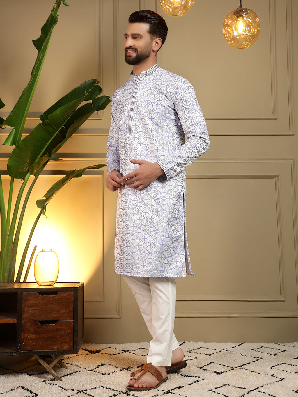 Jyoti Fashion Men's Grey Jacquard Woven Kurta with Pajama | Grocsy