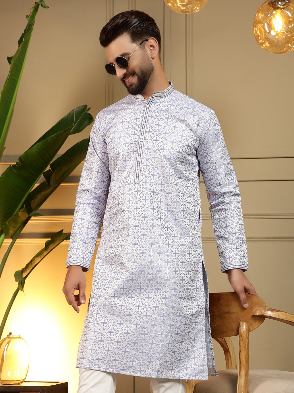 Jyoti Fashion Men's Grey Jacquard Woven Kurta with Pajama | Grocsy