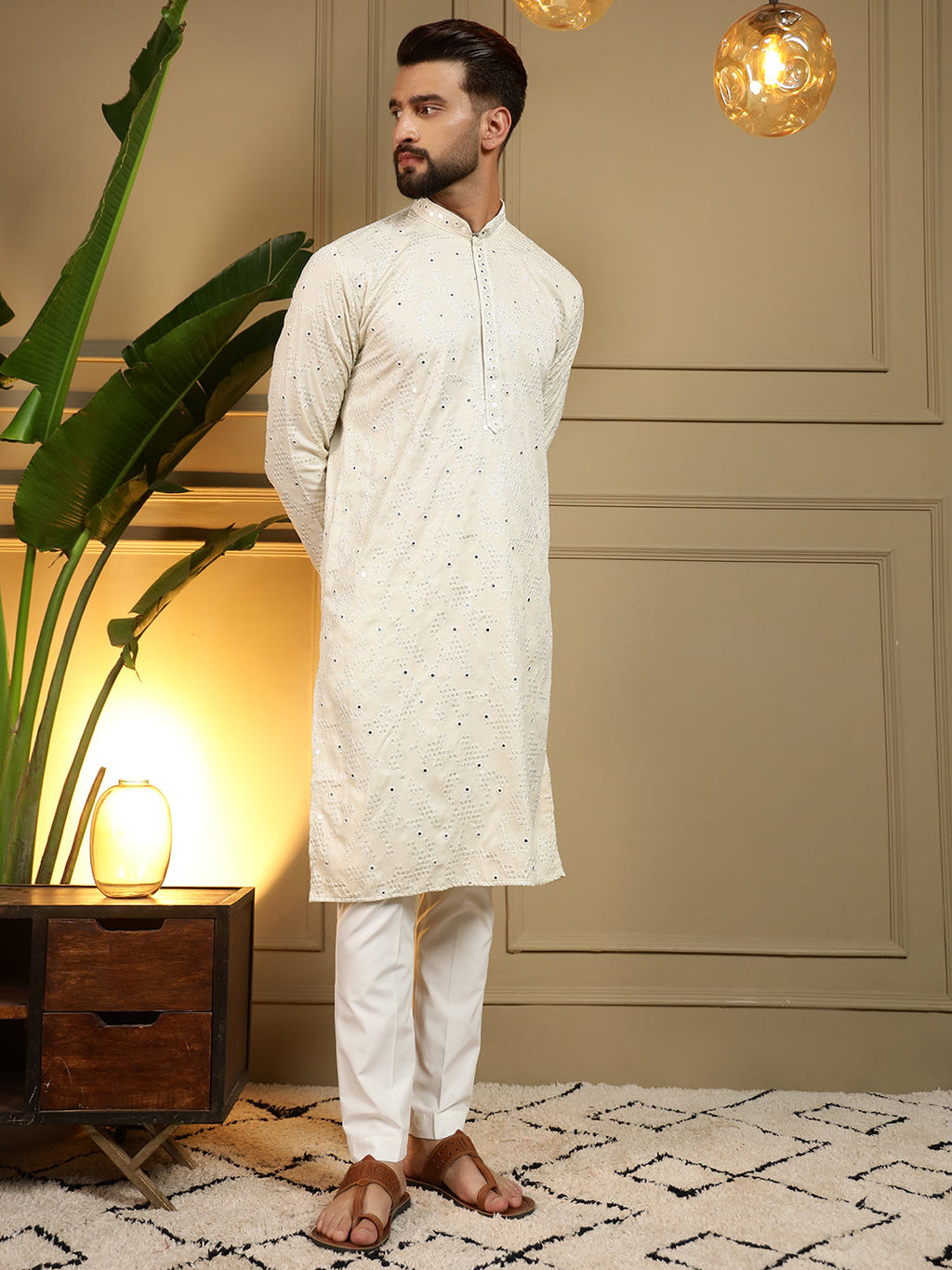 Jyoti Fashion Men's Off White Mirror Embroidery Kurta with Pajama | Grocsy