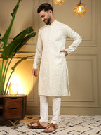 Jyoti Fashion Men's Off White Mirror Embroidery Kurta with Pajama | Grocsy