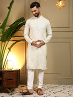 Jyoti Fashion Men's Off White Mirror Embroidery Kurta with Pajama | Grocsy