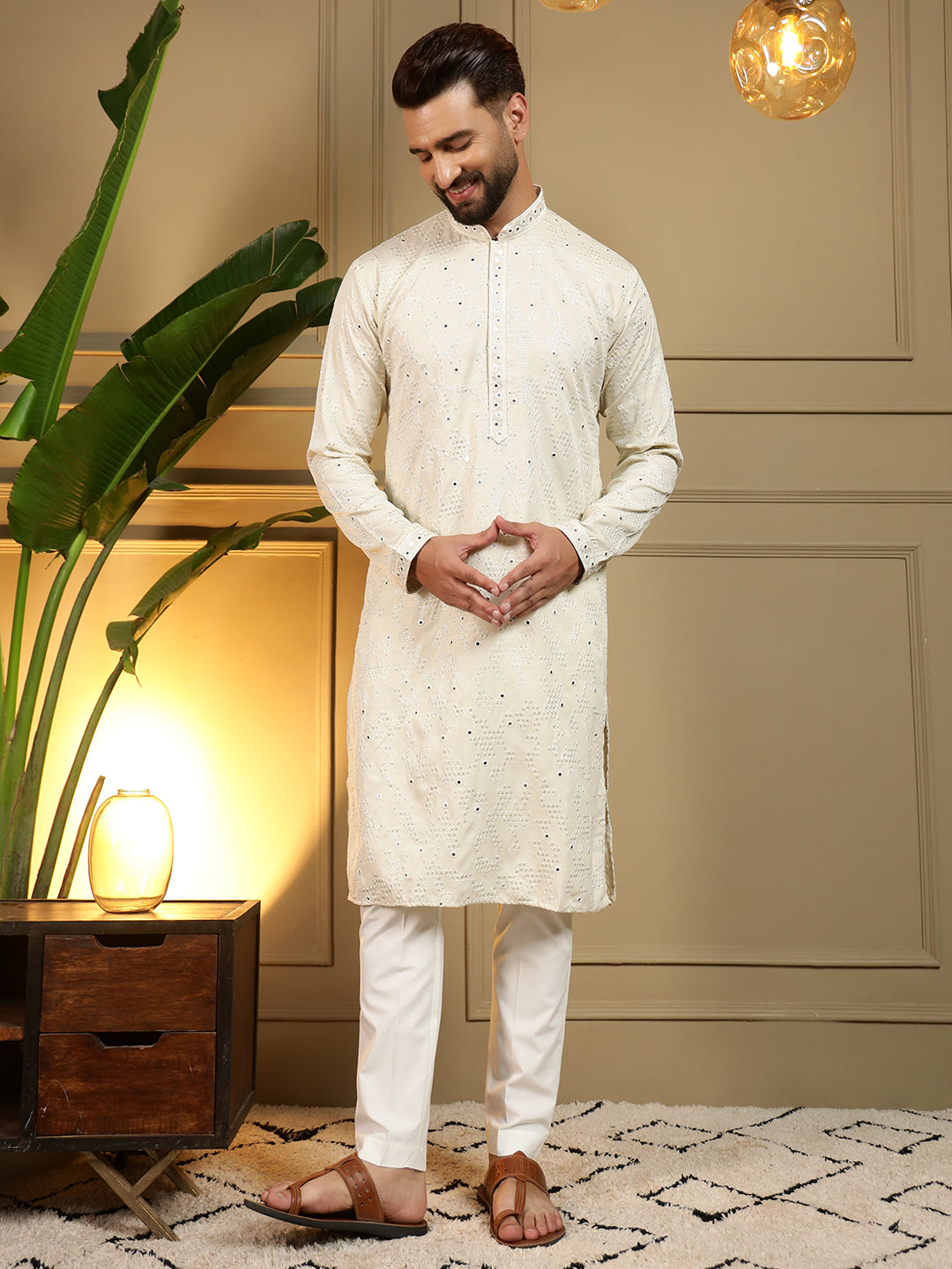Jyoti Fashion Men's Off White Mirror Embroidery Kurta with Pajama | Grocsy