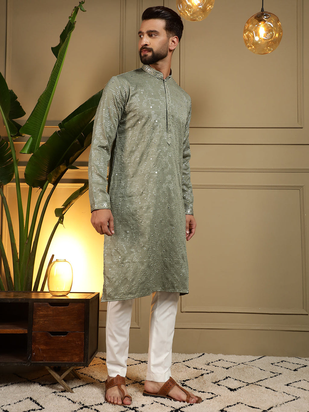 Jyoti Fashion Men's Green Mirror Embroidery Kurta with Pajama | Grocsy