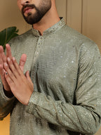 Jyoti Fashion Men's Green Mirror Embroidery Kurta with Pajama | Grocsy