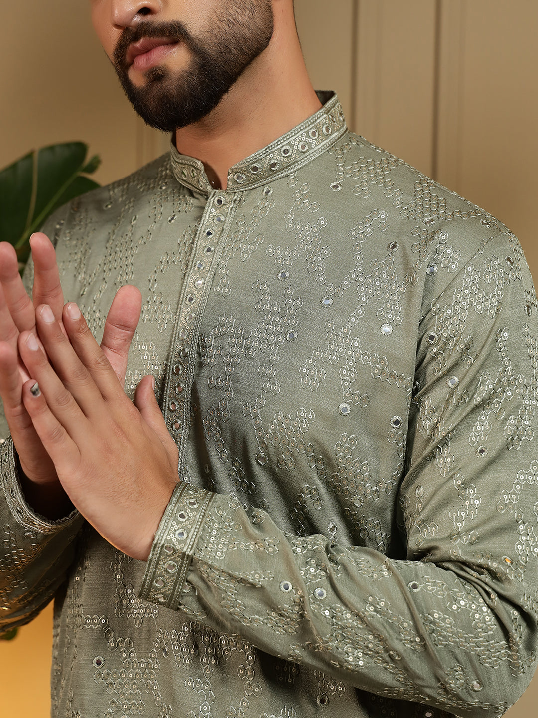 Jyoti Fashion Men's Green Mirror Embroidery Kurta with Pajama | Grocsy