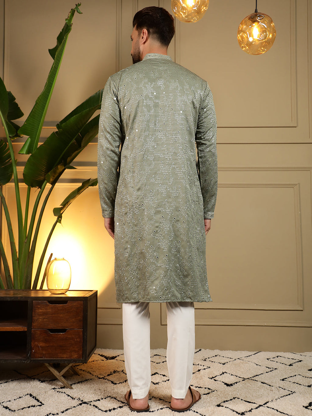 Jyoti Fashion Men's Green Mirror Embroidery Kurta with Pajama | Grocsy