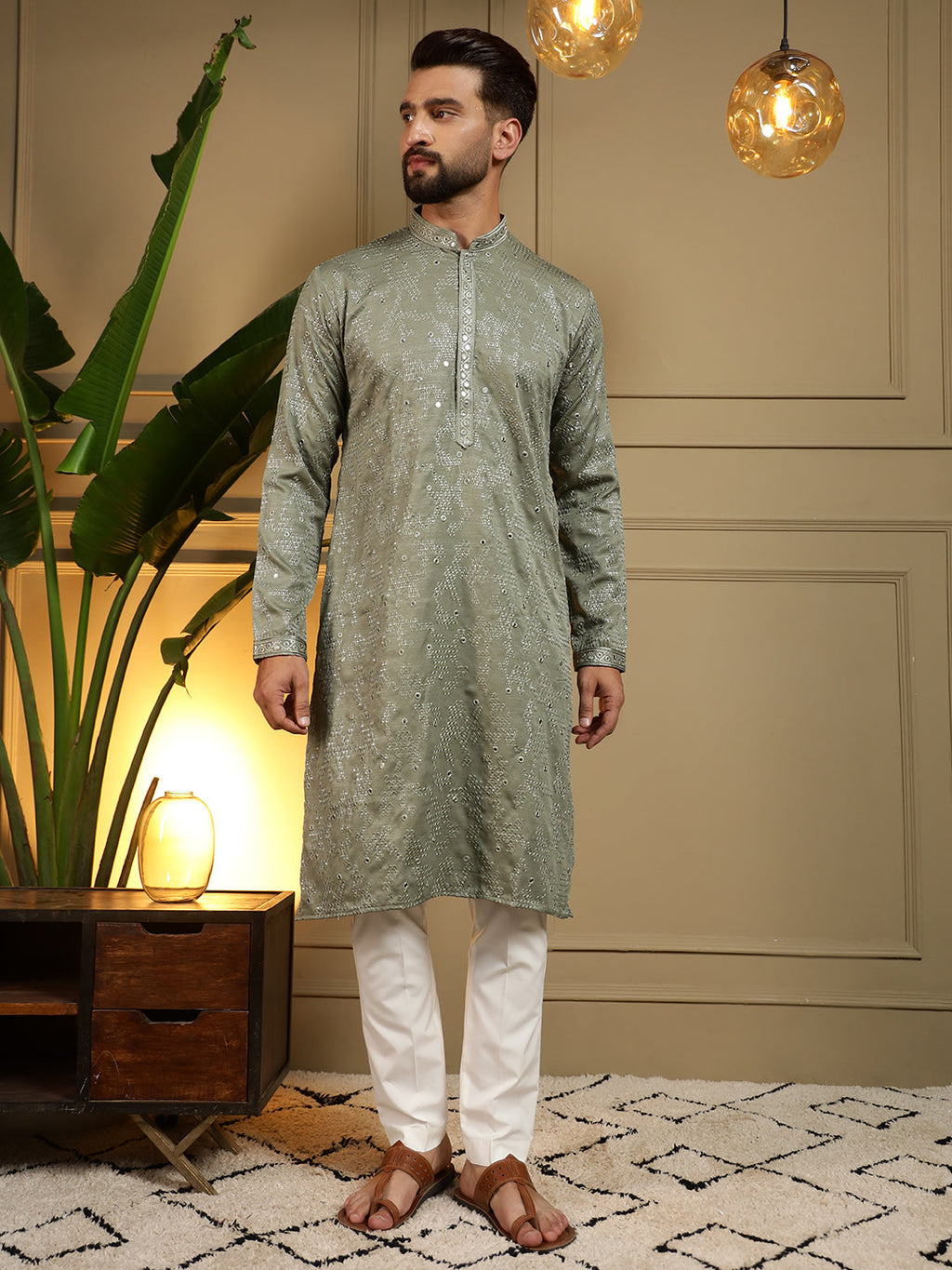 Jyoti Fashion Men's Green Mirror Embroidery Kurta with Pajama | Grocsy