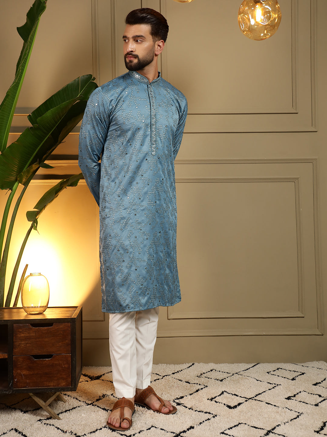 Jyoti Fashion Men's Firozi Mirror Embroidery Kurta with Pajama | Grocsy