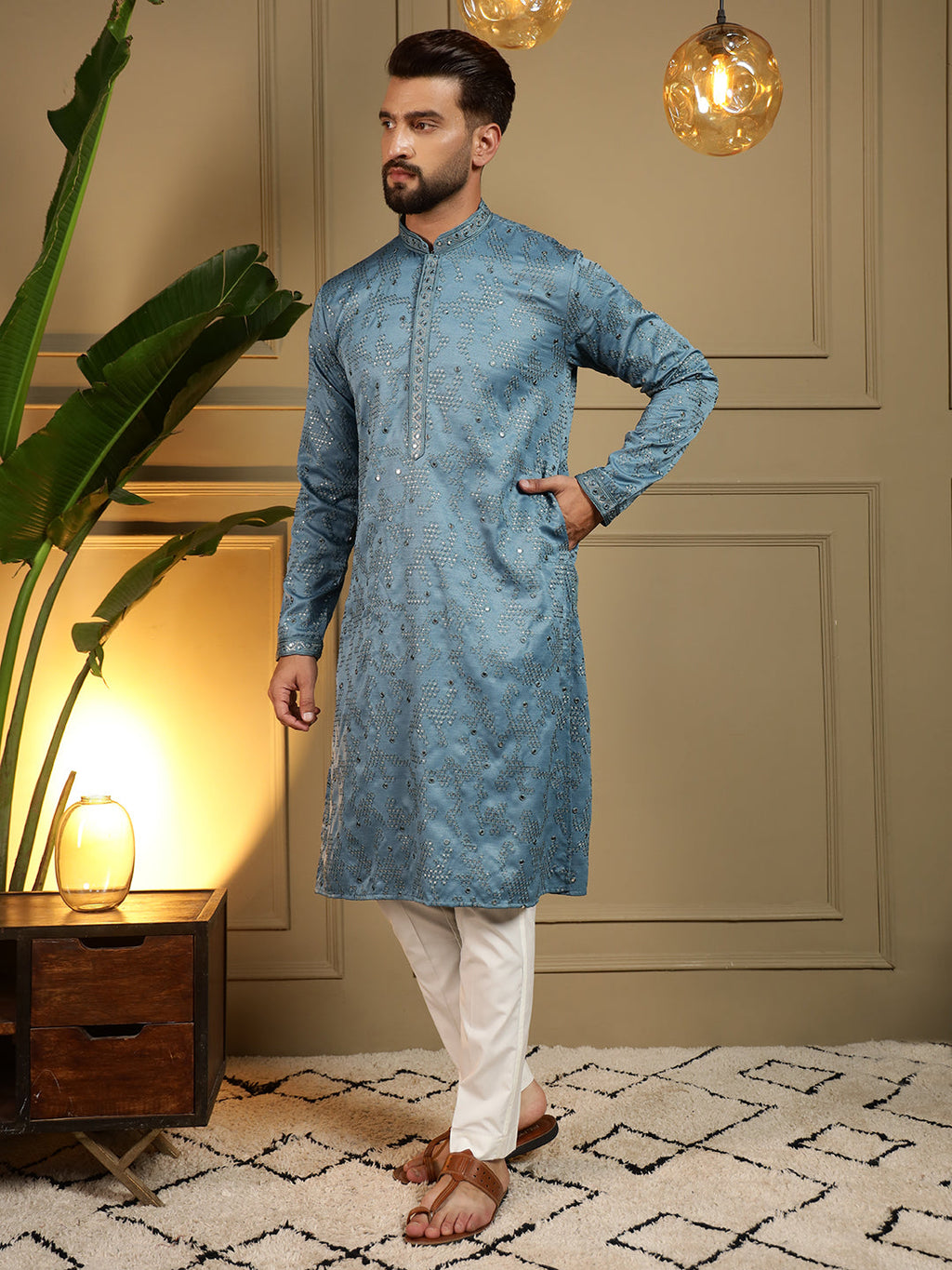 Jyoti Fashion Men's Firozi Mirror Embroidery Kurta with Pajama | Grocsy