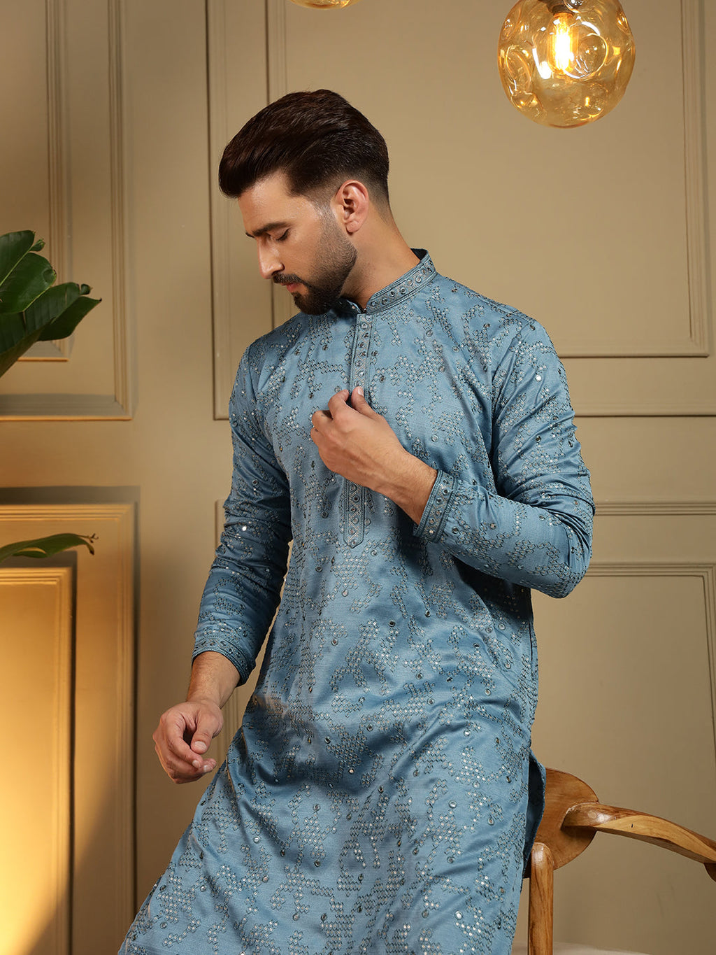 Jyoti Fashion Men's Firozi Mirror Embroidery Kurta with Pajama | Grocsy