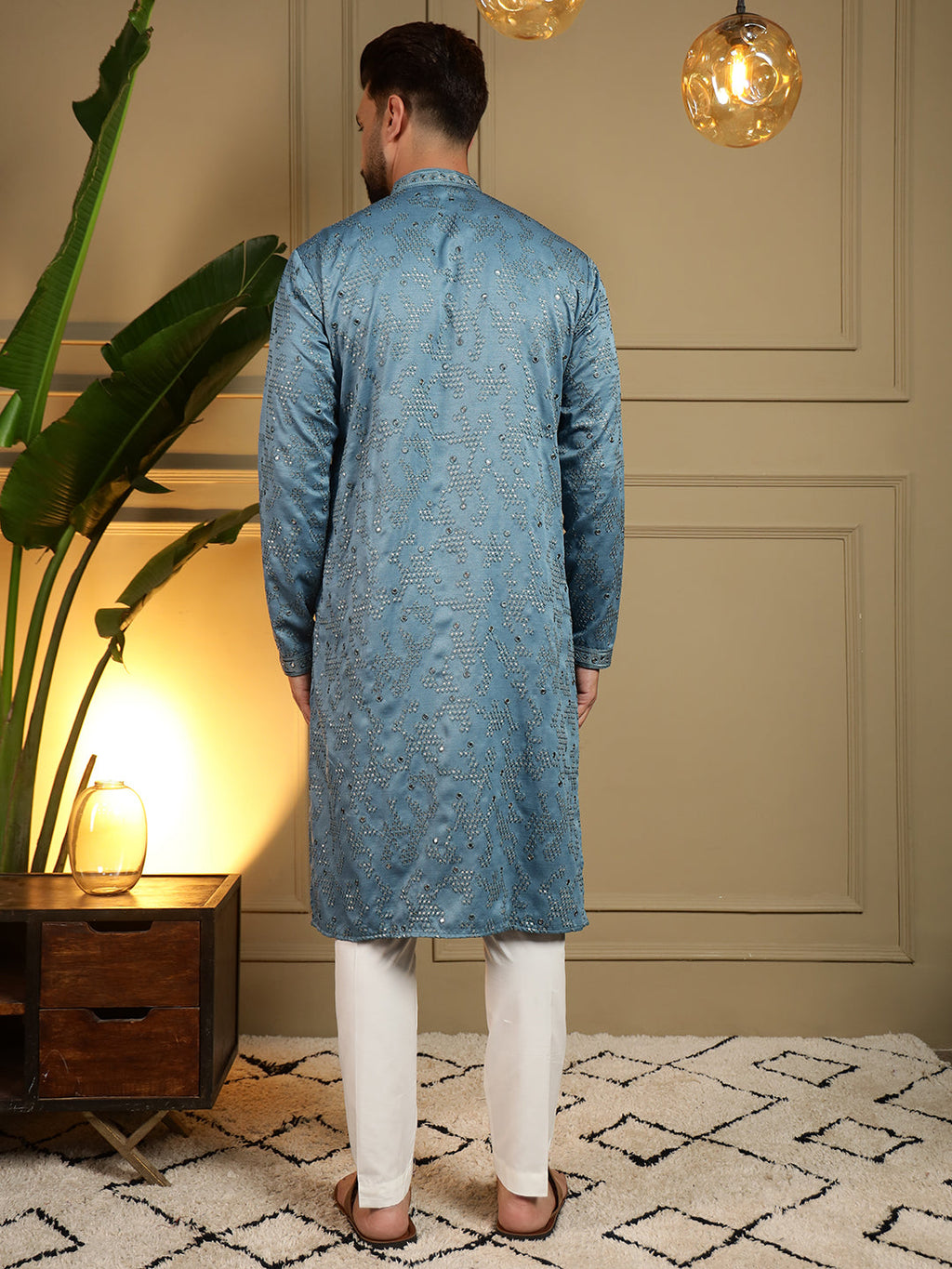 Jyoti Fashion Men's Firozi Mirror Embroidery Kurta with Pajama | Grocsy