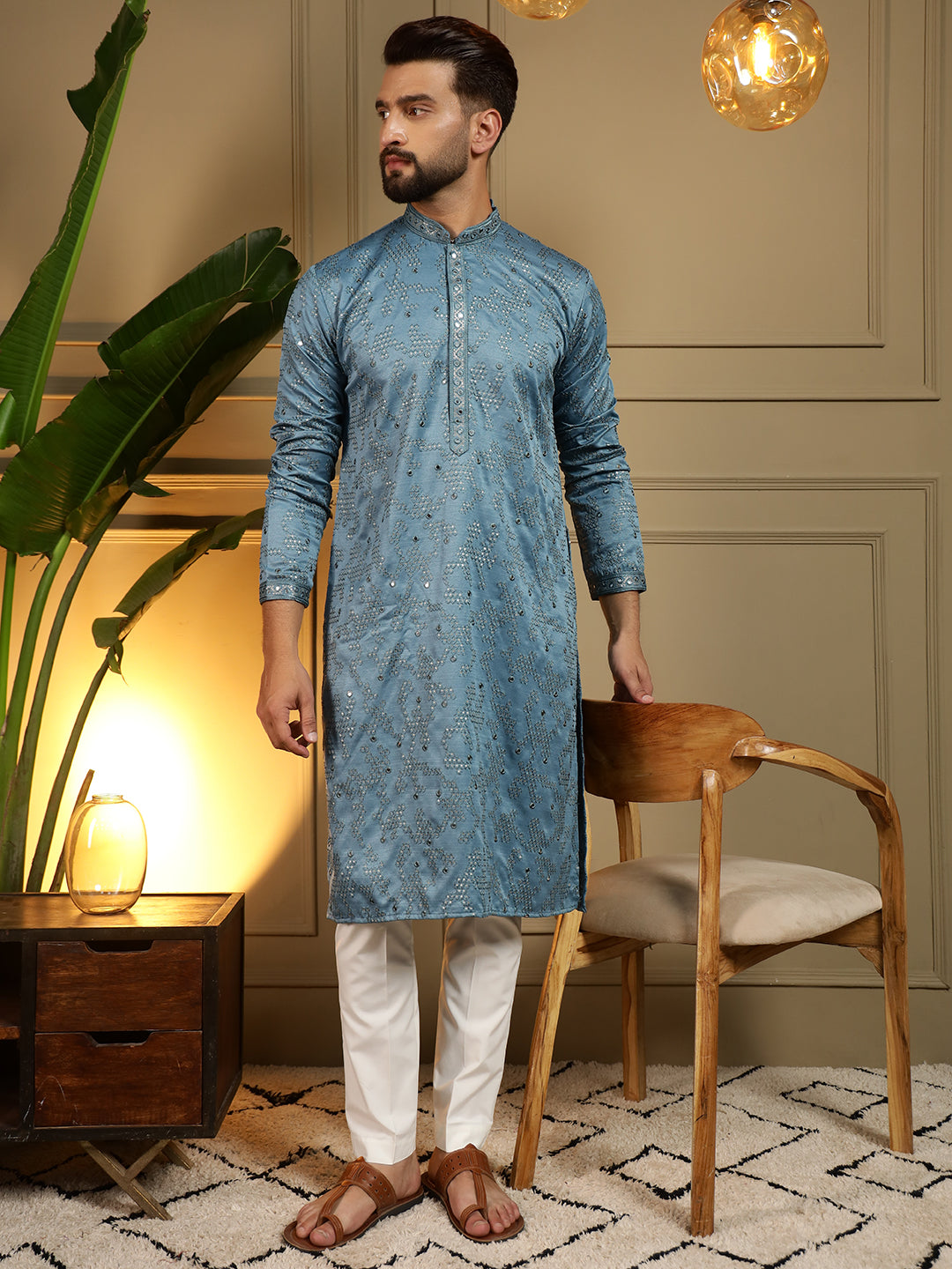 Jyoti Fashion Men's Firozi Mirror Embroidery Kurta with Pajama | Grocsy