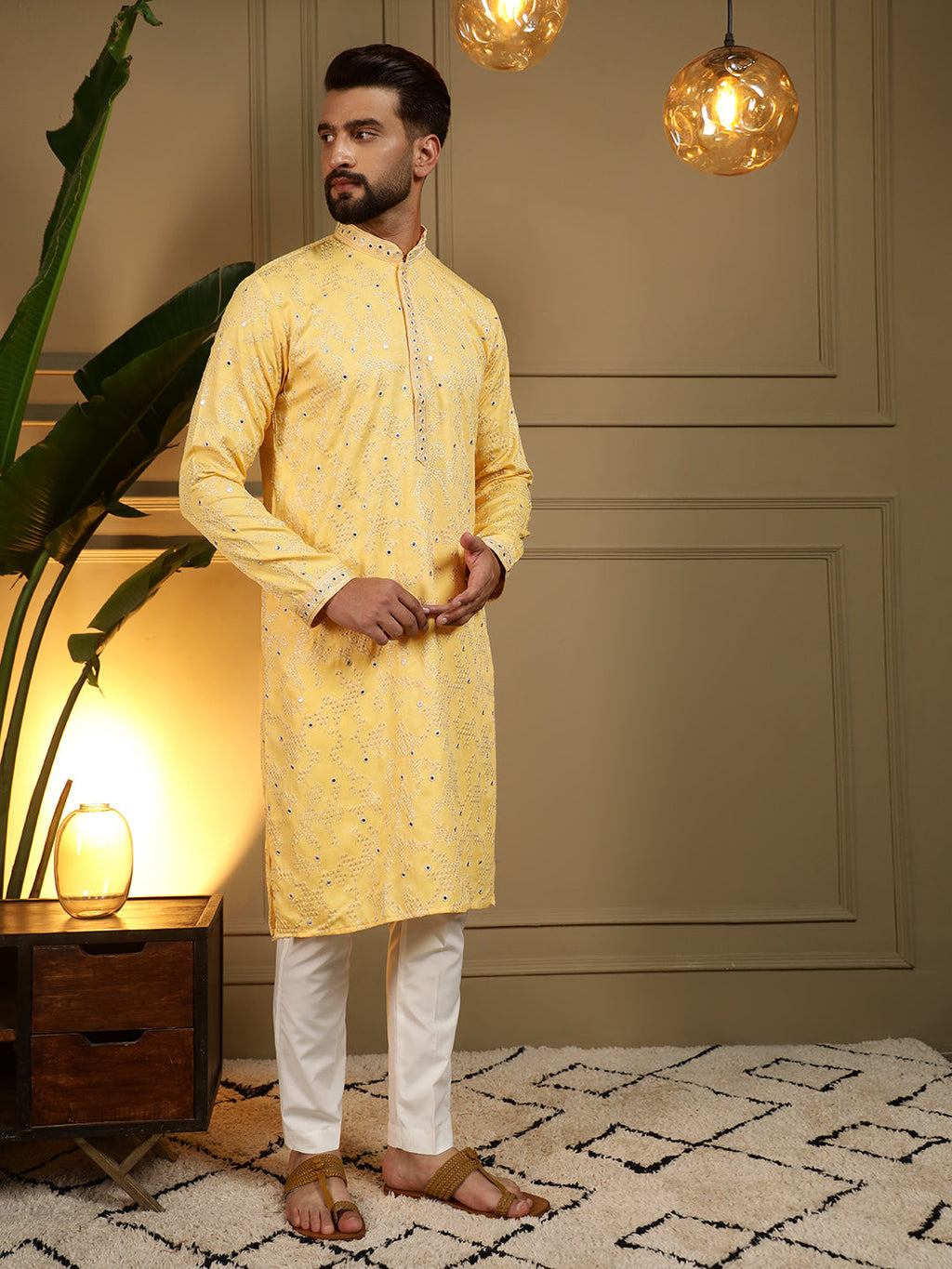 Jyoti Fashion Men's Yellow Mirror Embroidery Kurta with Pajama | Grocsy