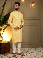 Jyoti Fashion Men's Yellow Mirror Embroidery Kurta with Pajama | Grocsy