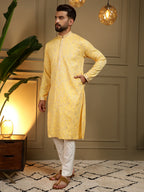 Jyoti Fashion Men's Yellow Mirror Embroidery Kurta with Pajama | Grocsy