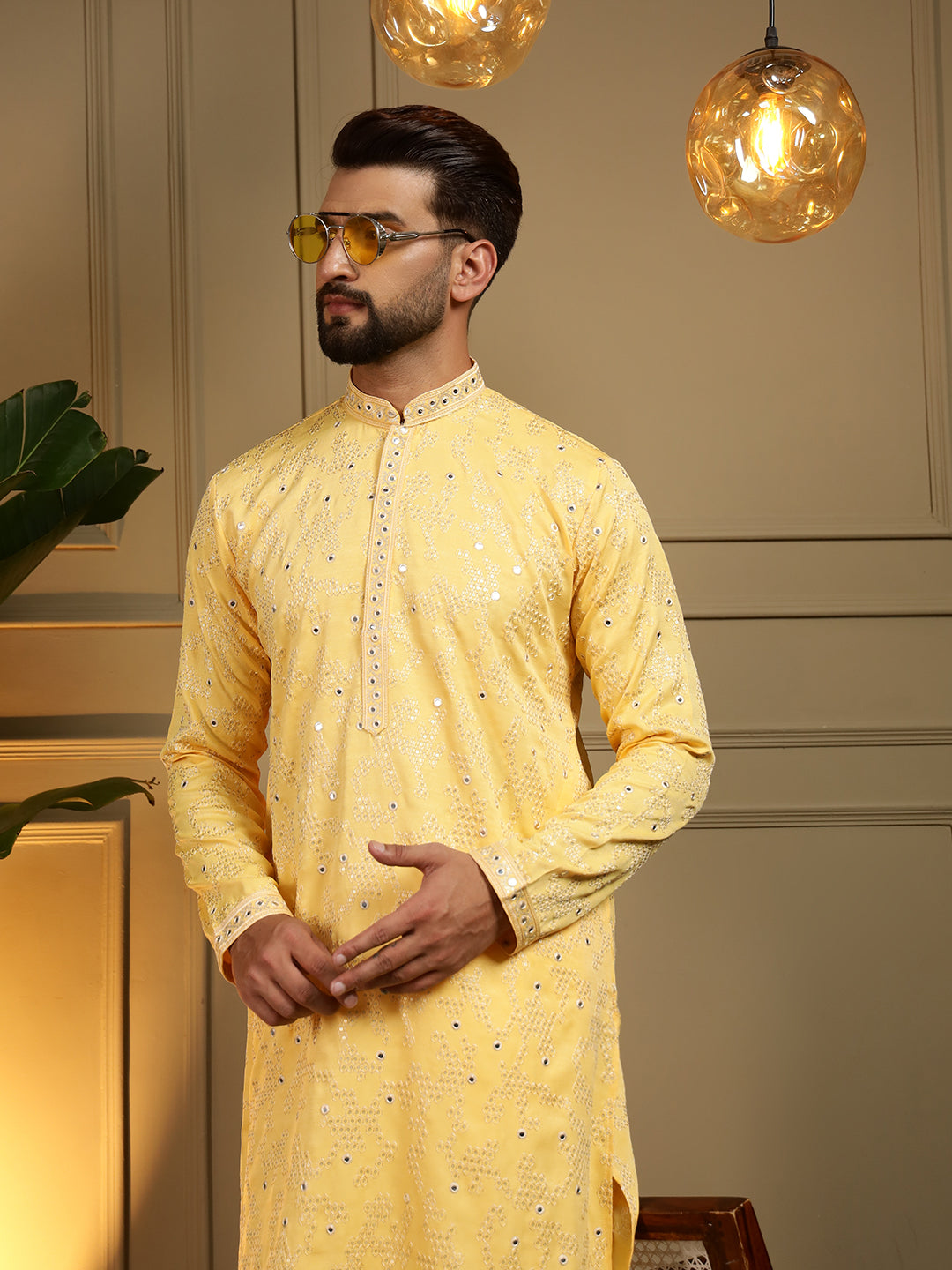 Jyoti Fashion Men's Yellow Mirror Embroidery Kurta with Pajama | Grocsy