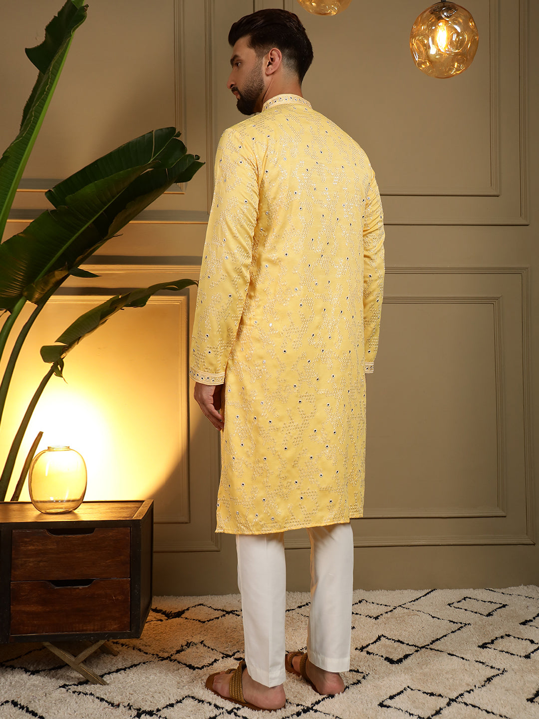 Jyoti Fashion Men's Yellow Mirror Embroidery Kurta with Pajama | Grocsy