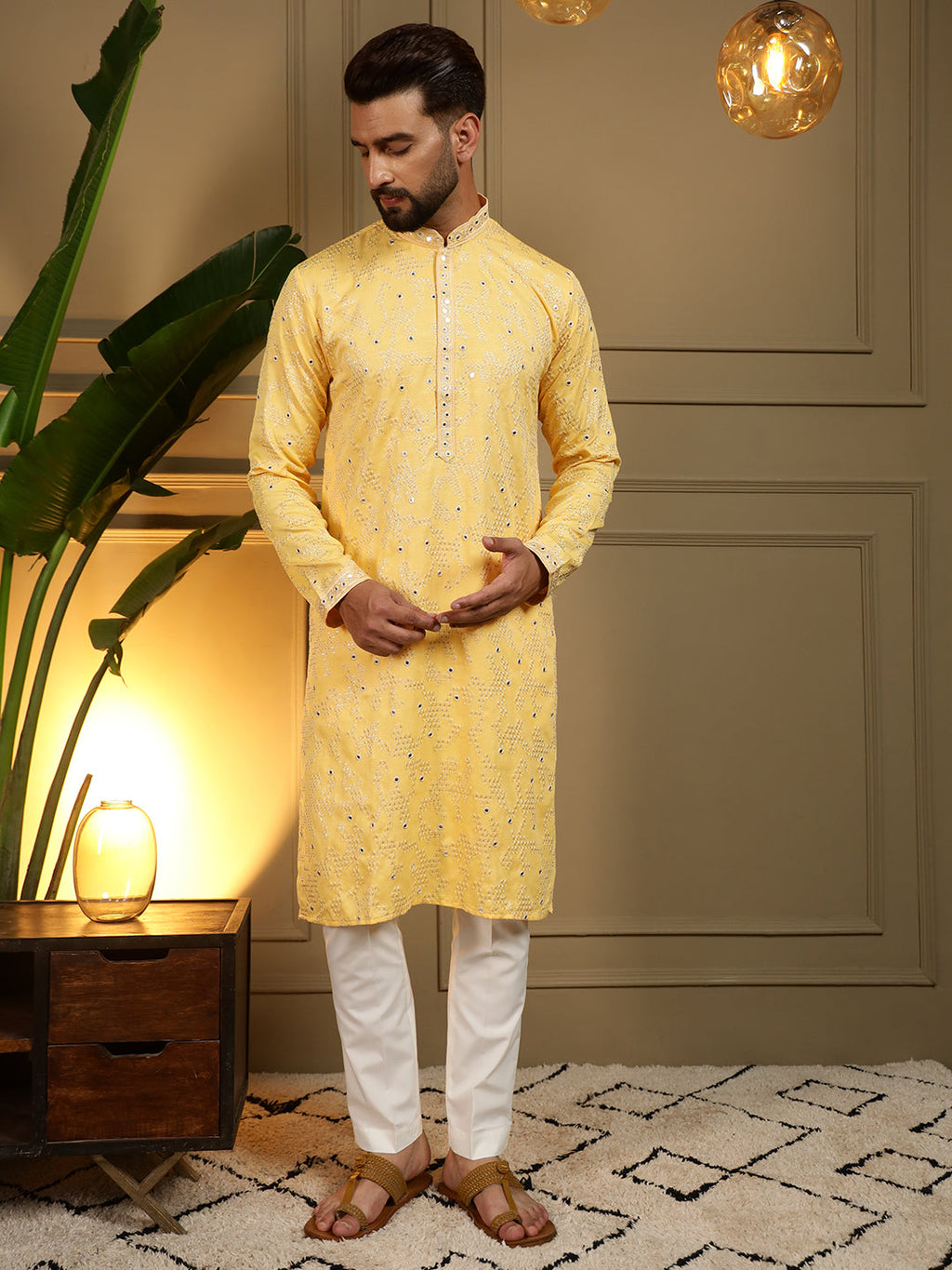 Jyoti Fashion Men's Yellow Mirror Embroidery Kurta with Pajama | Grocsy