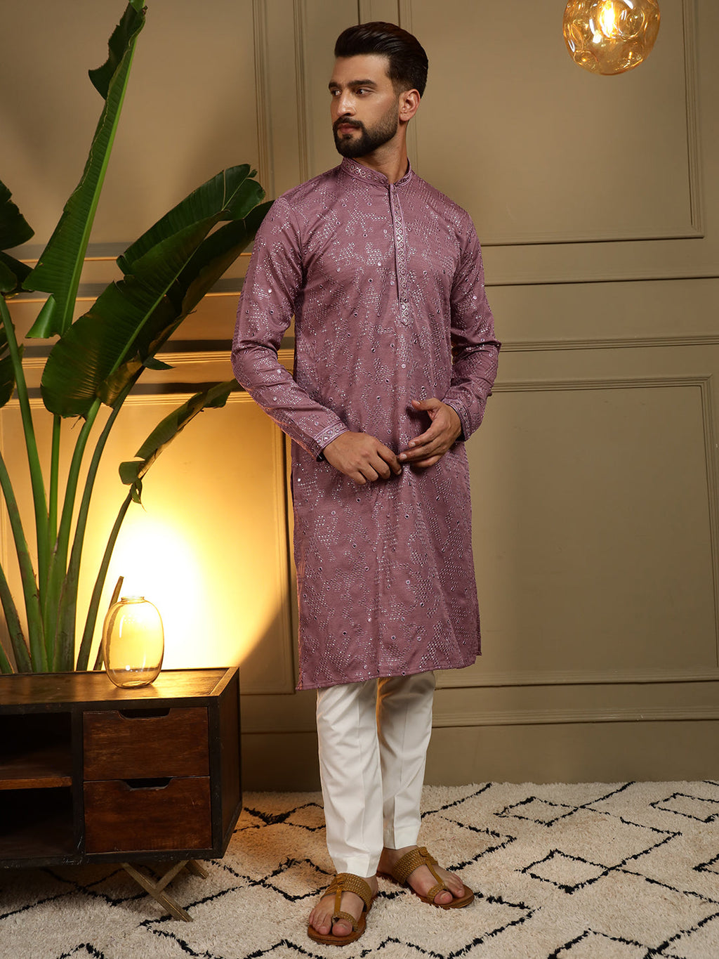 Jyoti Fashion Men's Wine Mirror Embroidery Kurta with Pajama | Grocsy
