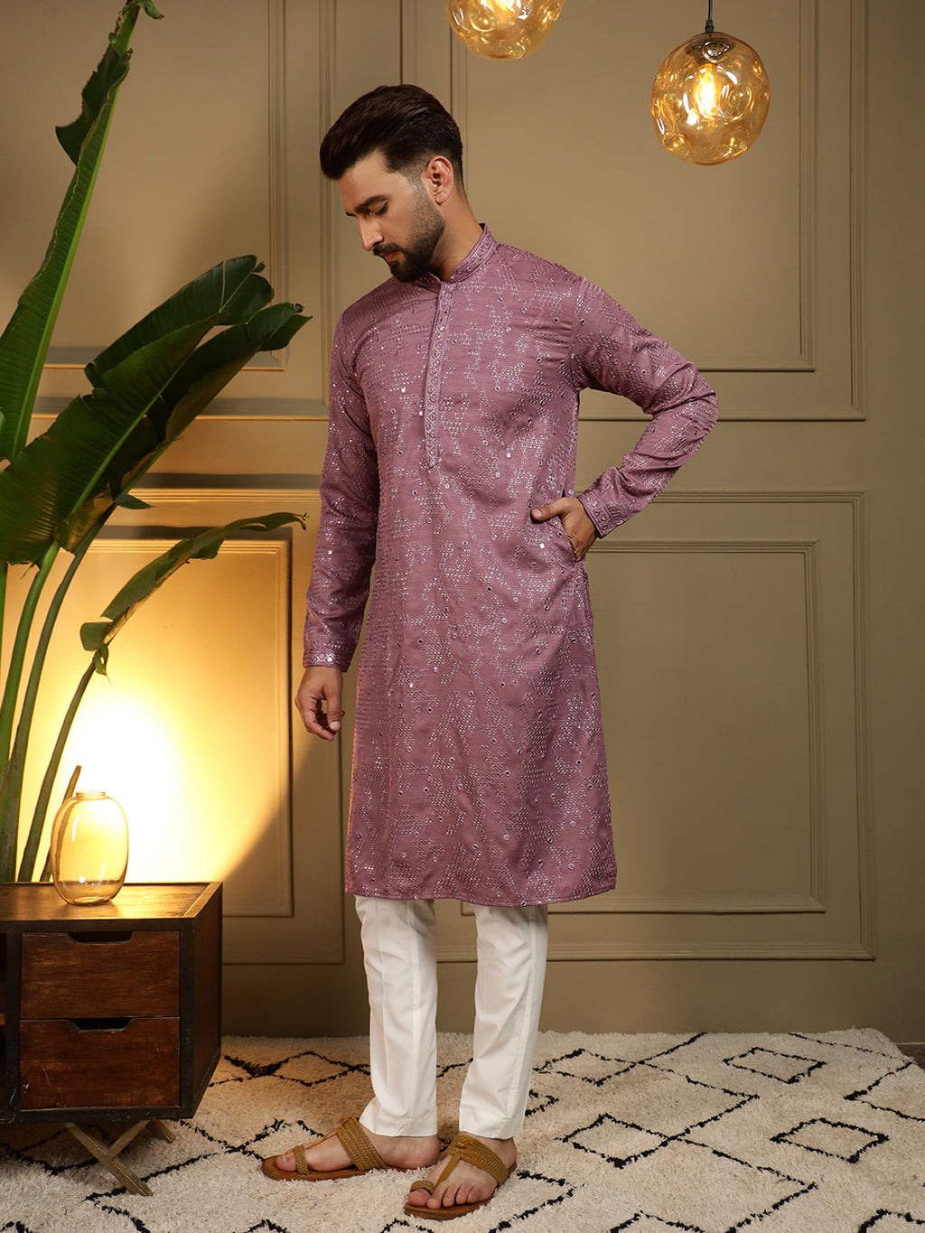 Jyoti Fashion Men's Wine Mirror Embroidery Kurta with Pajama | Grocsy