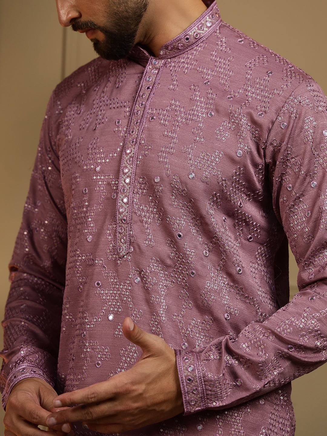 Jyoti Fashion Men's Wine Mirror Embroidery Kurta with Pajama | Grocsy